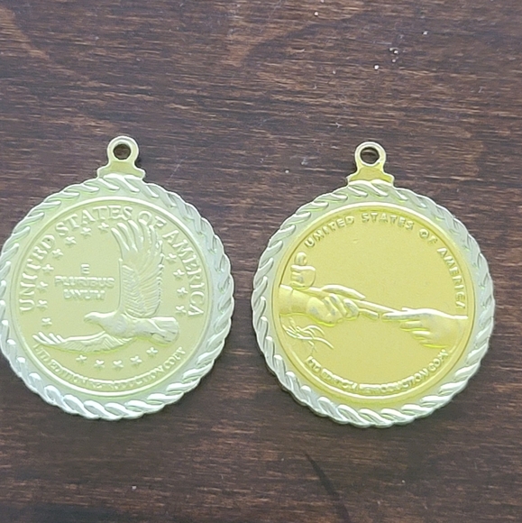 Gold Tone and Silver Tone Medallion Pendant, Indian Relief, Sacagawea, Set Of 2 - Picture 2 of 6